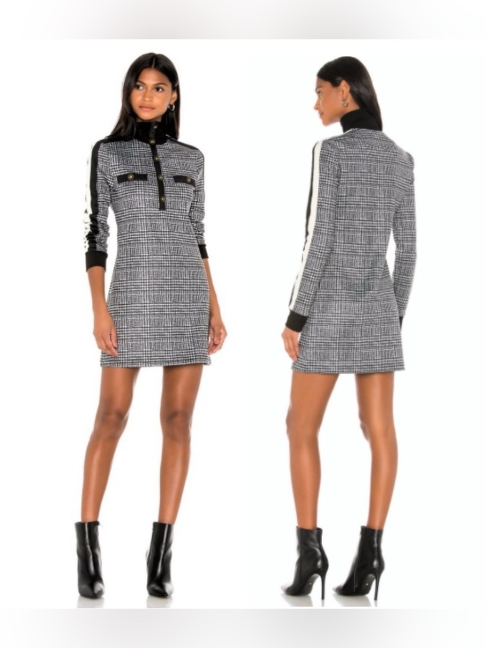 PAM & GELA Glen Tart Track Dress Long Sleeve High Neck Zip Houndstooth sporty